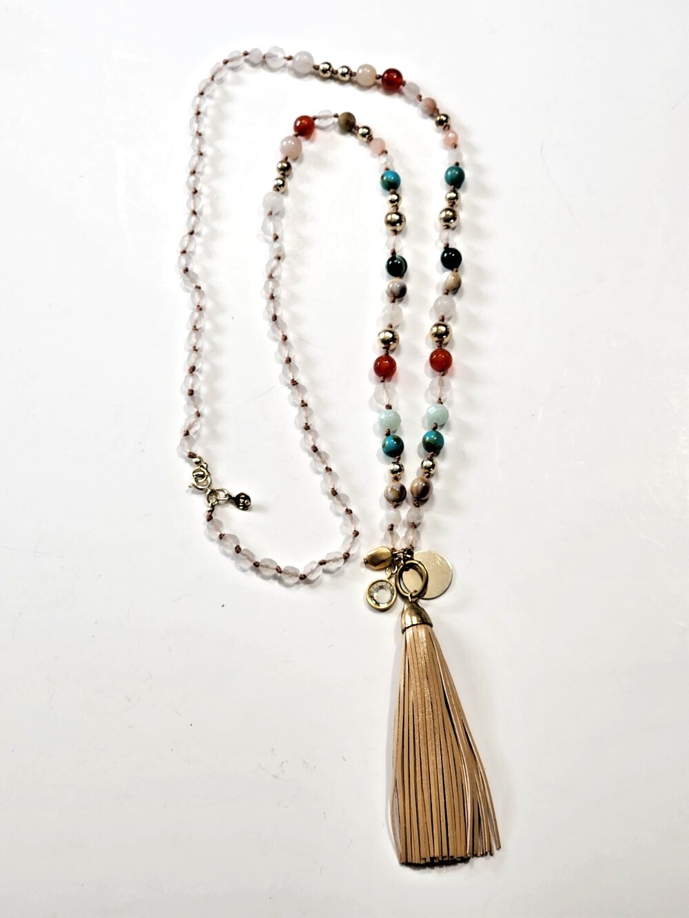 Vtg Loft Hand Knotted Tassel Necklace Quartz Carnelisn Jasper Turquoise Beads